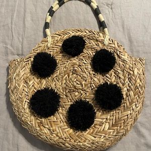 Mud Pie Woven Raffia Straw 13" Circle Tote Purse Black Pom Poms NWOT